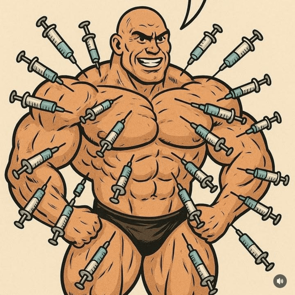 STEROIDS mascot, muscular cartoon character covered in syringes